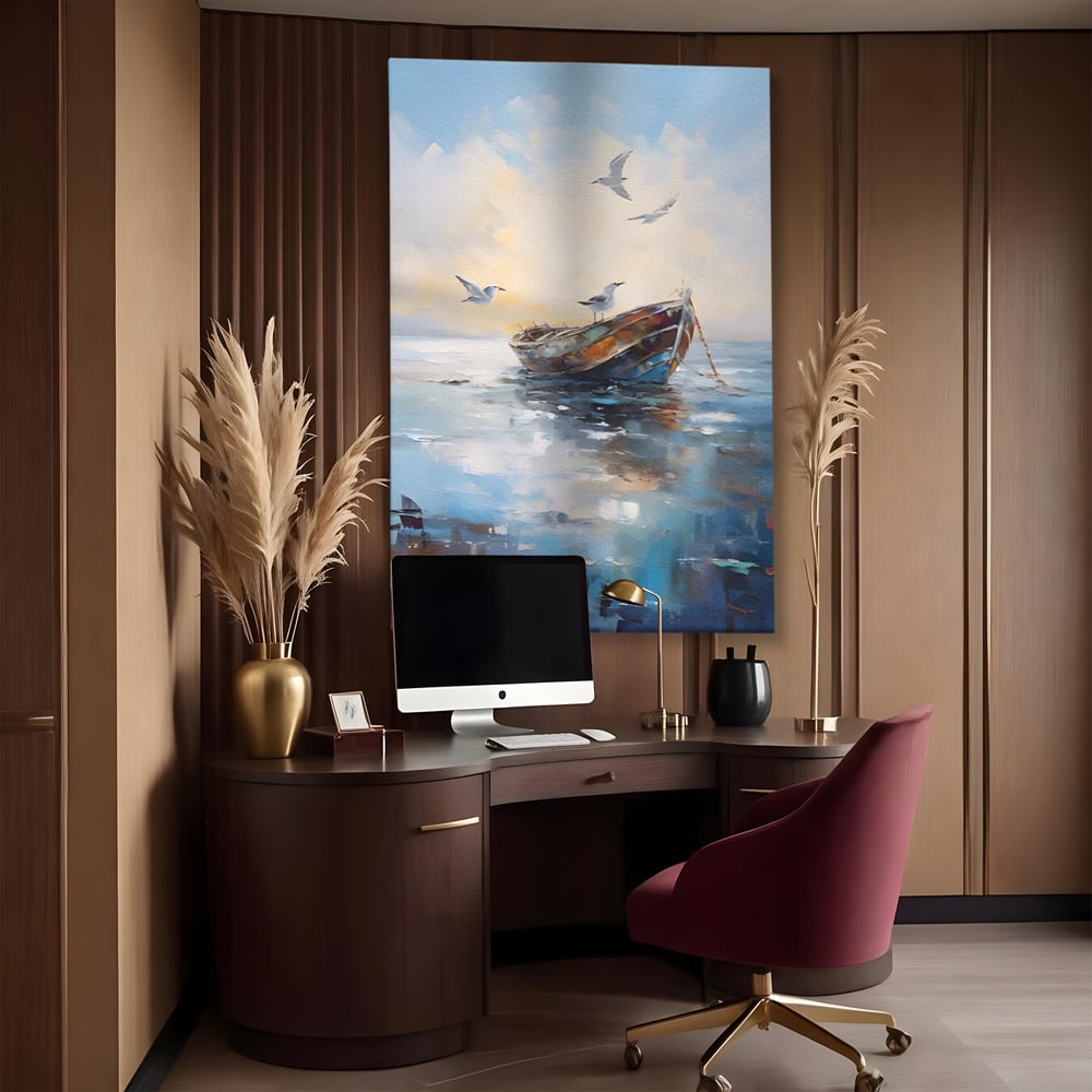 Tablou canvas cu tablou canvas cu barca si pescarusi, fara rama, pe sasiu de lemn, pe perete intr-un birou